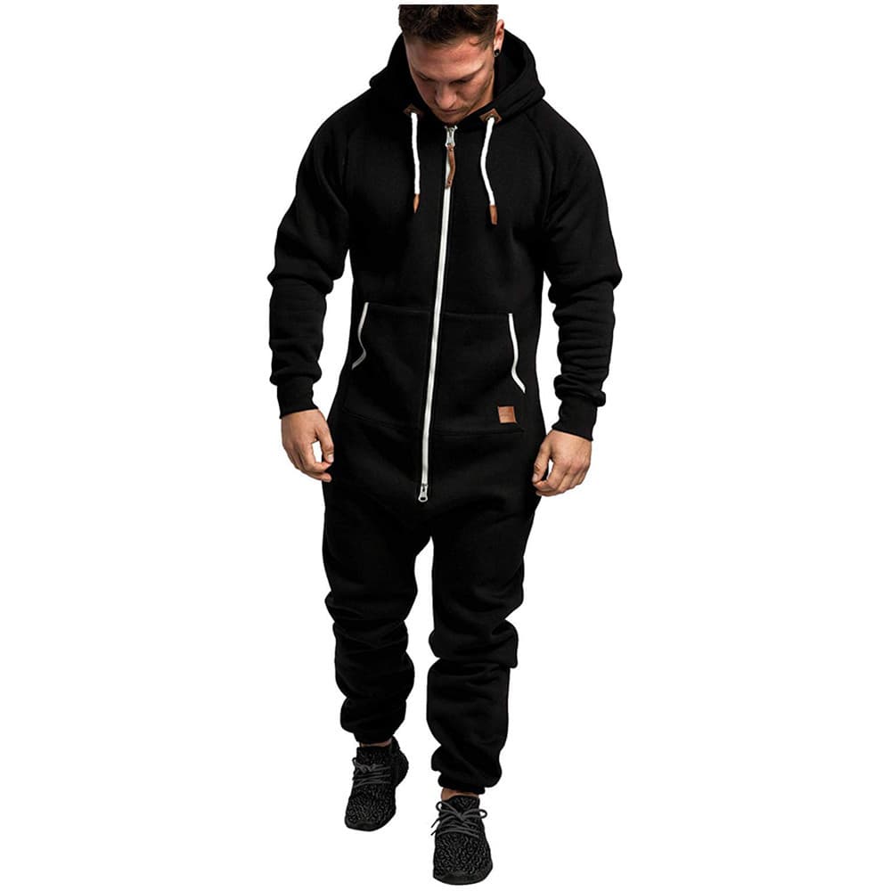 New foreign trade men's hooded fleece jumpsuit, solid color and color block casual men's set, overalls.