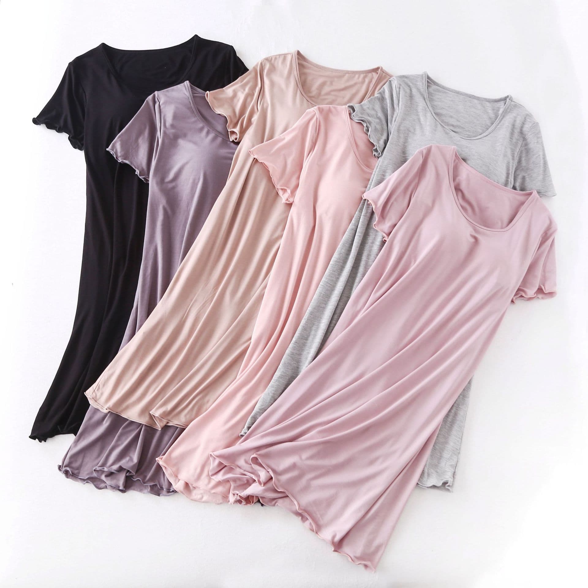 Modal Short Sleeve Nightgown with Built-in Bra Pads, Wireless, Thin Plus Size Ruffled Dress, Women's Summer Loungewear