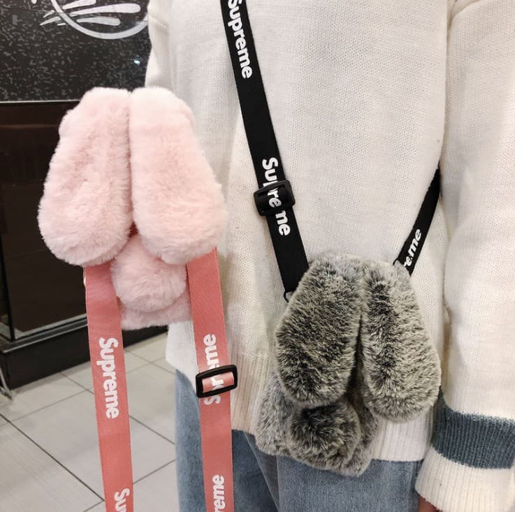 14 Pro Max compatible with Apple 16 Pro Max, autumn/winter plush bunny ear 17 Pro strap crossbody soft case 15 Pro