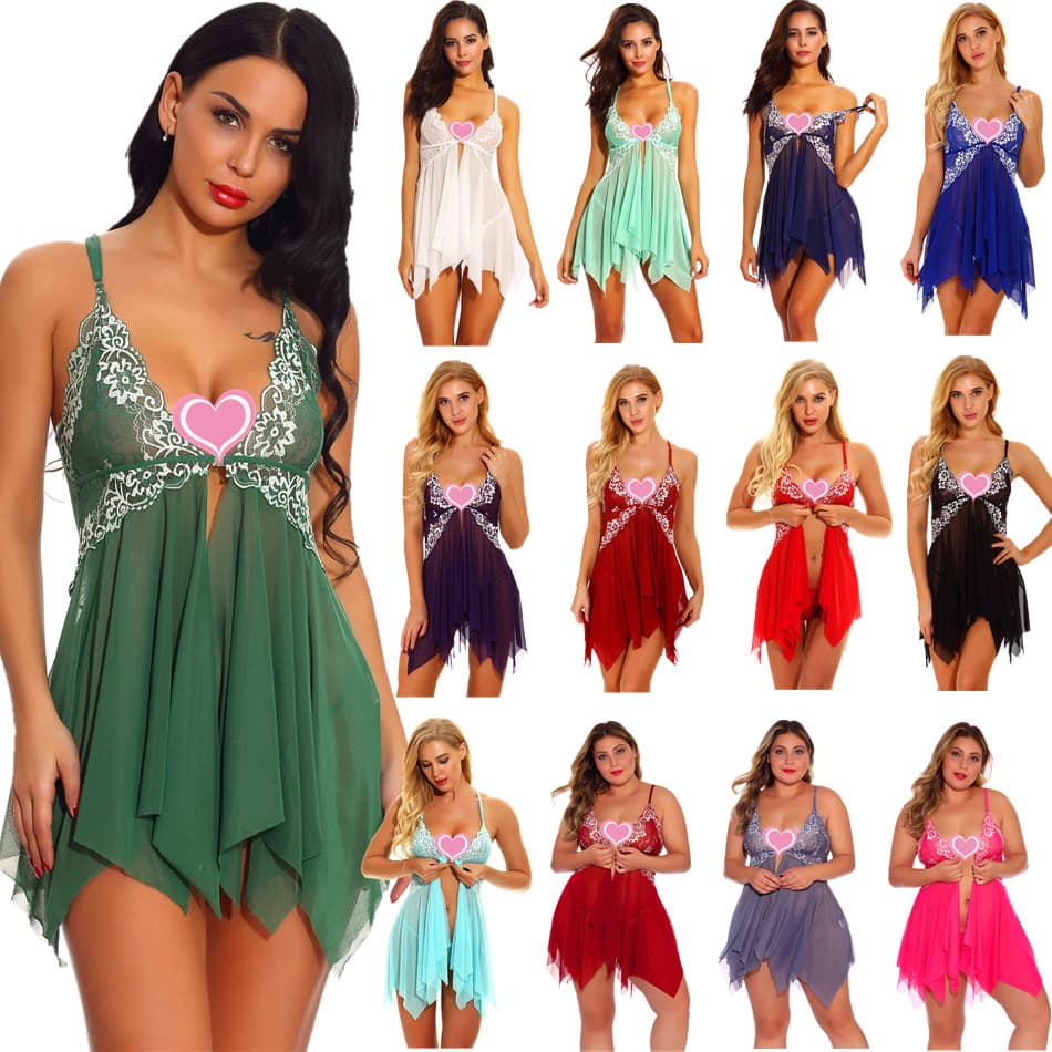 Cross-Border Popular Lace See-Through Lingerie Camisole Dress European and American Sexy Front-Opening Nightgown in Stock for Dropshipping