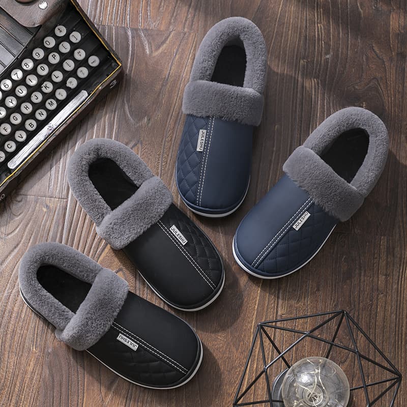Lidani Winter Cotton Slippers PU Leather Surface Men's Indoor Warm Shoes Anti- Slip Home Slippers Couple Suitable