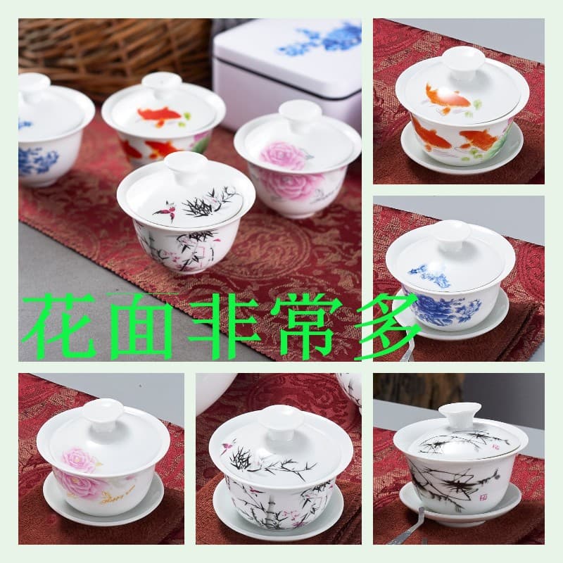 Mackerel Pattern Lid Bowl Tea Cup, Large Size Tea Set, Jingdezhen Porcelain Brewing Bowl, Ceramic White Porcelain Three-Talent Bowl, Hand-Painted