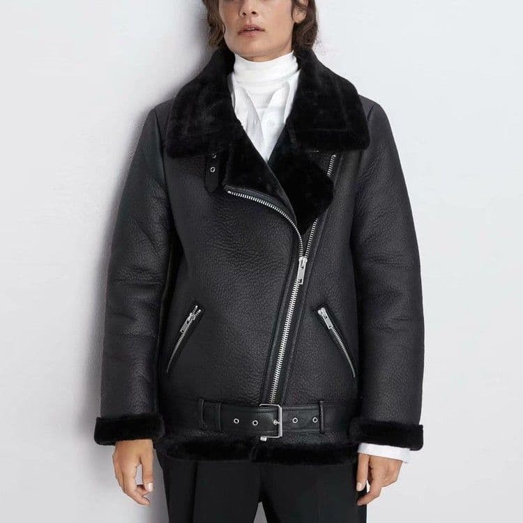 2024 Winter New Fashion Fur-Lined Thickened Turn-Down Collar Long Sleeve Diagonal Zipper Belt Women's Leather Jacket