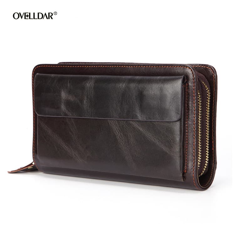 In Stock Hot Sale Top Layer Genuine Leather Men's Long Wallet Oiled Wax Cowhide Double Zipper Bag Vintage Men's Bag Drop Shipping