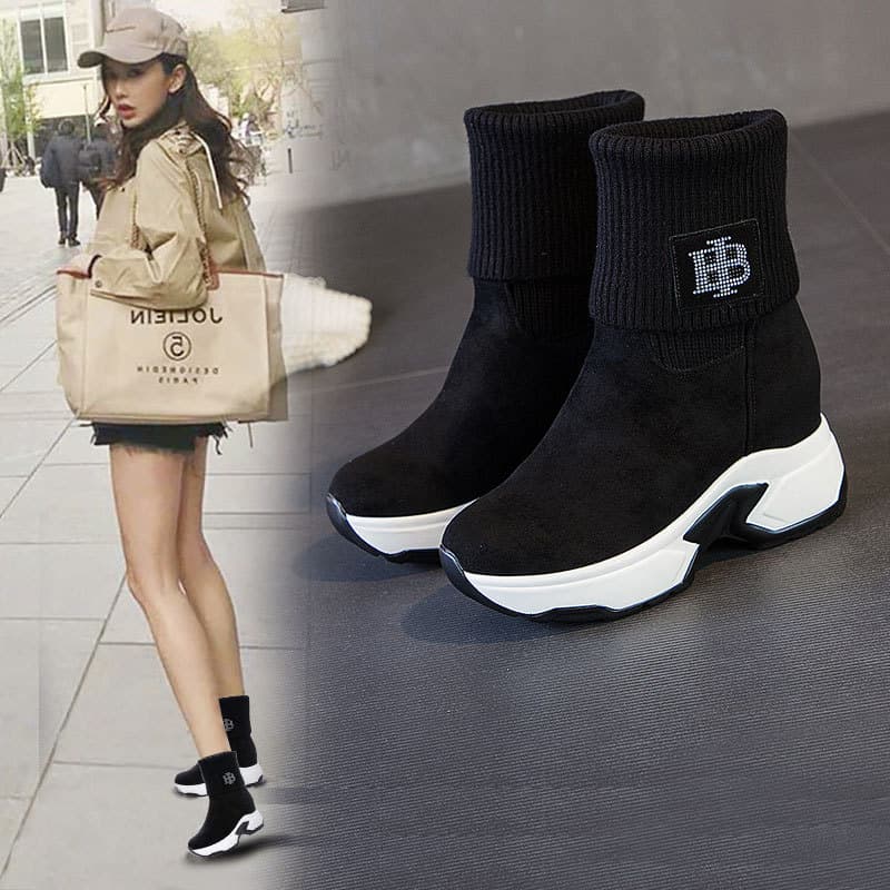 Winter Knit Mid-Calf Socks Shoes for Women, Versatile Stretch Casual Boots with Hidden Heel, Snow Boots with Fleece Lining for Warmth