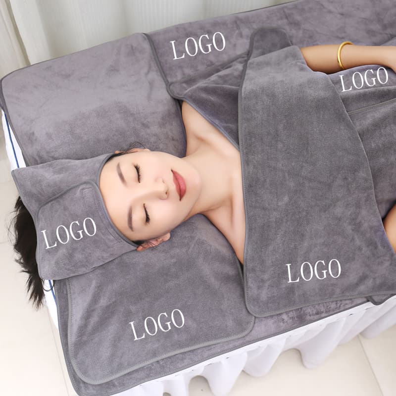Beauty salon towel wholesale logo microfiber Velcro headscarf, bed sheet, bath towel, bath skirt set