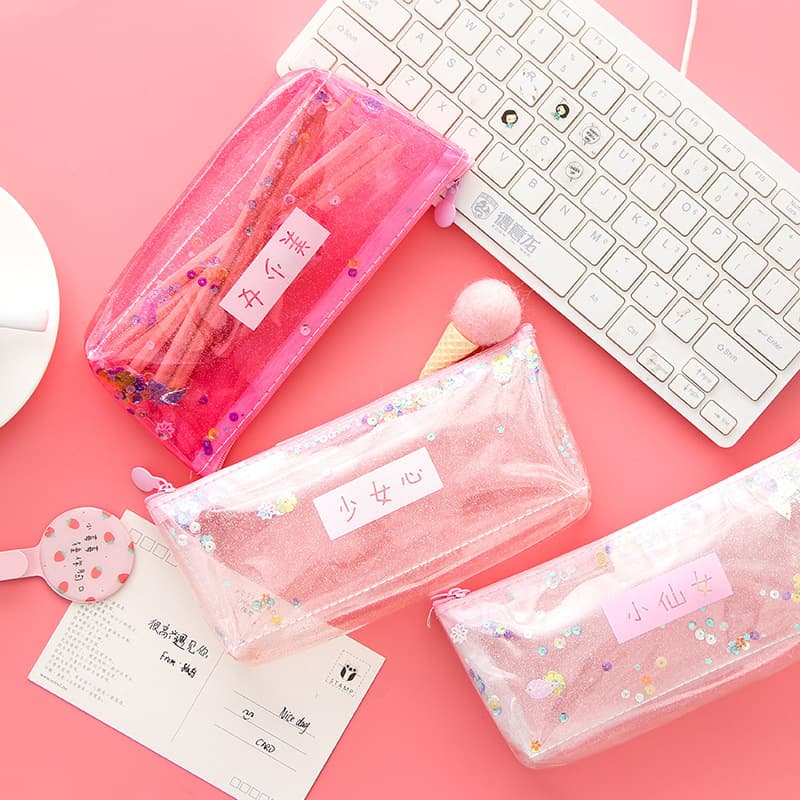 Creative stationery Japanese and Korean cool laser transparent sequin quicksand reflective pen bag stationery bag pencil bag student supplies
