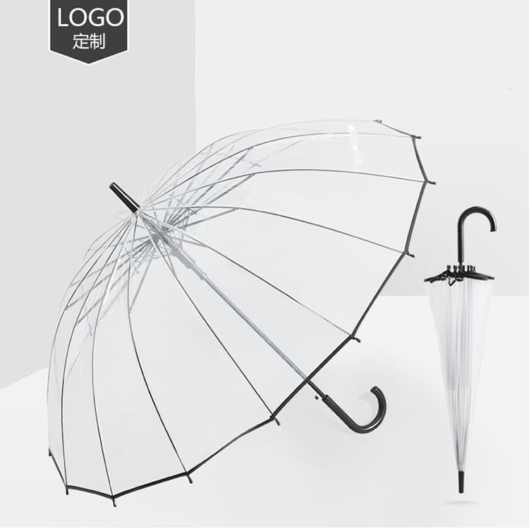 Manufacturer Wholesale Long Handle 16-Rib Windproof Double-Layer Thick Fabric Transparent Umbrellas, Straight Shaft Clear Umbrellas with Logo Printing