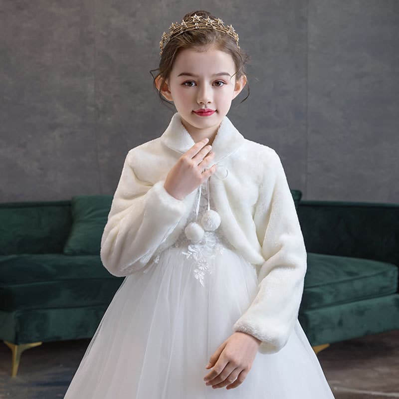 2021 Autumn Winter Children's Fur Shawl Girls' Outerwear Flower Girl Dress Matching Coat Children's Performance Wear Vest with Sleeves