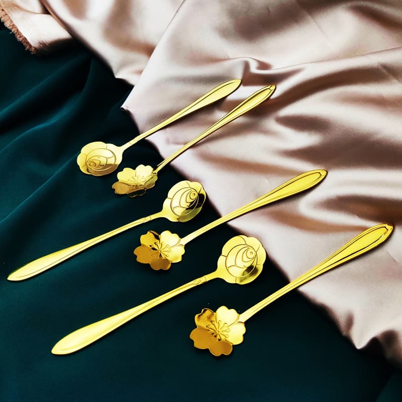Gold-plated bird's nest flower spoon, cherry blossom spoon, rose flower spoon petal dessert spoon, restaurant dessert coffee golden stirring spoon
