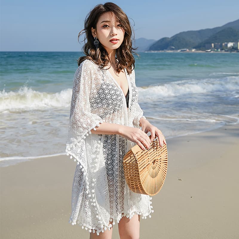 Swimsuit Cover-Up Cardigan Bikini Mesh Beach Outfit Hollow Lace-Up Sun Protection Women's Seaside Vacation Wear