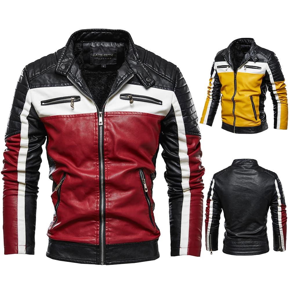 Fleece-Lined Stand Collar Leather Jacket Men's Cross-Border Coat Youth Motorcycle Style Color-Block Plus Size New Autumn Winter Fashion Leather Jacket