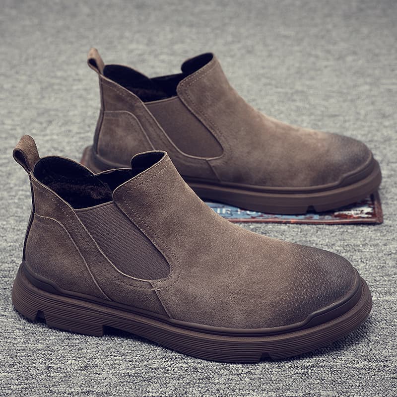 Men's autumn and winter fleece-lined warm Chelsea boots, men's genuine leather Martin boots, men's workwear high-top British style Wolf Warrior boots.