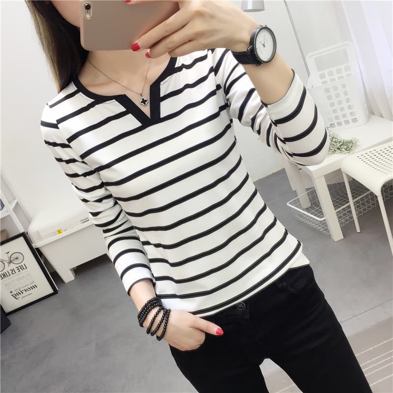 Wholesale 2020 Autumn New Korean Style Women's Slim Fit Striped V-Neck Long Sleeve T-Shirt Ladies Base Layer Shirt Drop Shipping