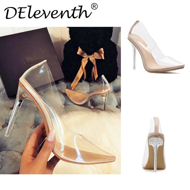 Sexy Transparent OPVC Fine Heel High Heels Shoes Women's Pointed Toe Shallow Back Wearable Adult Ladies Sandals Color Block Desi