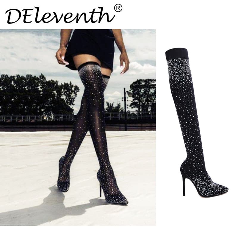 Diamante Knee High Boots Long Tube Socks High Heel Water Drill Pointed Over Knee Long Boots
