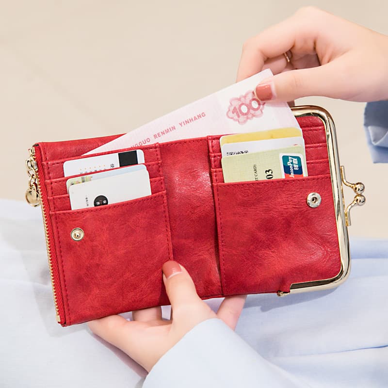 Xiang Yin Leather Cropped Wallet Women's 2023 New Style Clip Coin Purse Vintage Foldable Money Clip Card Holder For Women