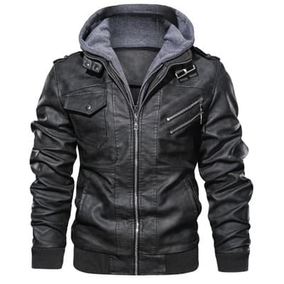 WISH Men's Slim-Fit Zipper PU Leather Jacket, Autumn Black