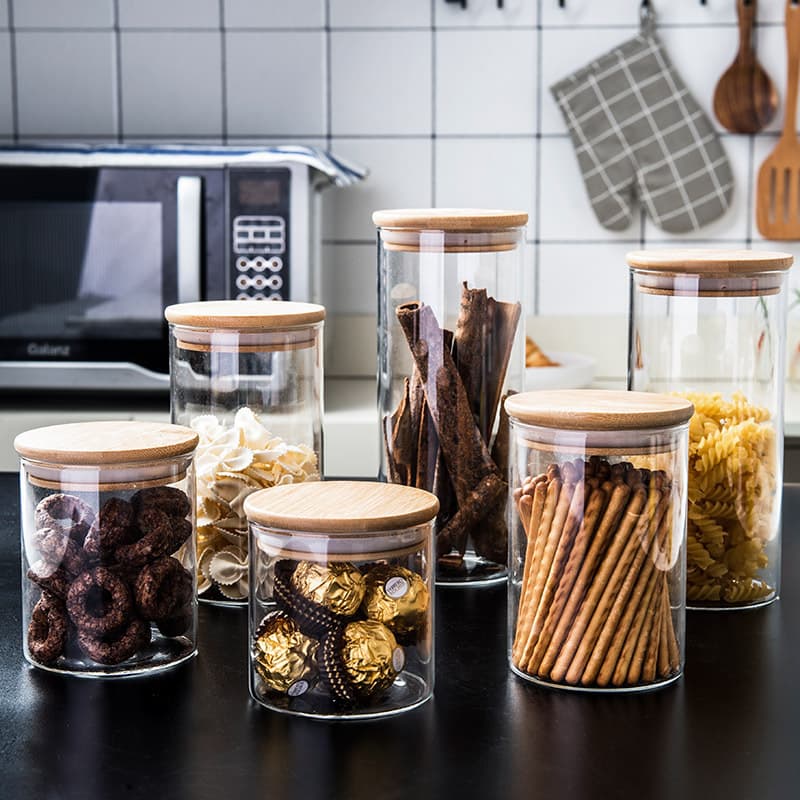 Bamboo Wood Lid Heat-Resistant Glass Storage Jar, Airtight Canister, Seasoning Jar, Tea Canister, Dried Fruit Jar, Storage Container