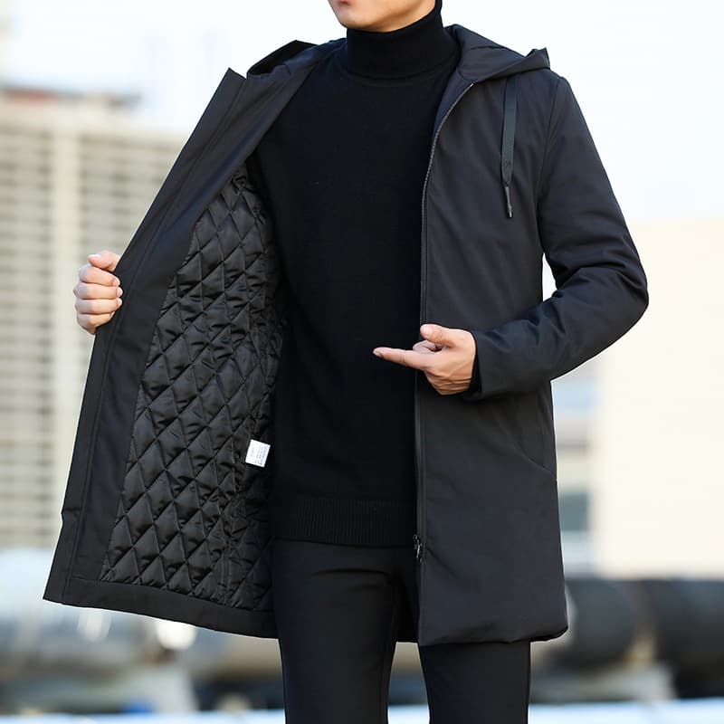 Winter Windbreaker Men New Style Thickened Hooded Casual Jacket Youth Solid Color Fashion Mid-Length Jacket One-Piece Drop Shipping