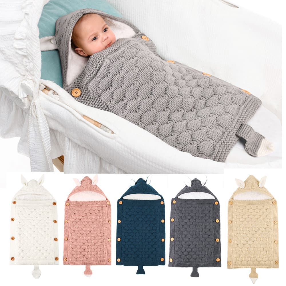 New Autumn/Winter Baby Stroller Sleeping Bag: European and American Style Knitted Button-Lined Fleece Warm Mini Ear and Tail Sleeping Bag