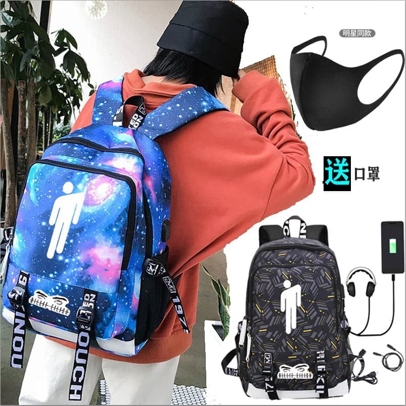 Billie Eilish Pattern USB Charging Backpack Student Schoolbag Outdoor Backpack
