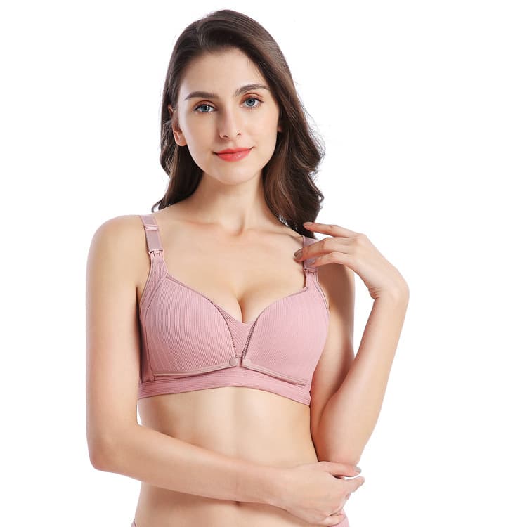 New style wire-free nursing bra, ribbed thin style, double clasp design to prevent exposure, suitable for feeding during pregnancy.