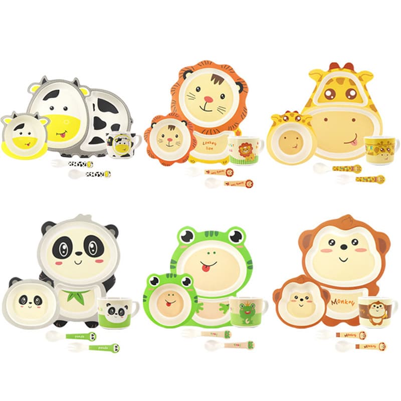 New bamboo fiber children's tableware set, cute cartoon style, suitable for home use, baby food tray, and a free gift for mother and baby stores.