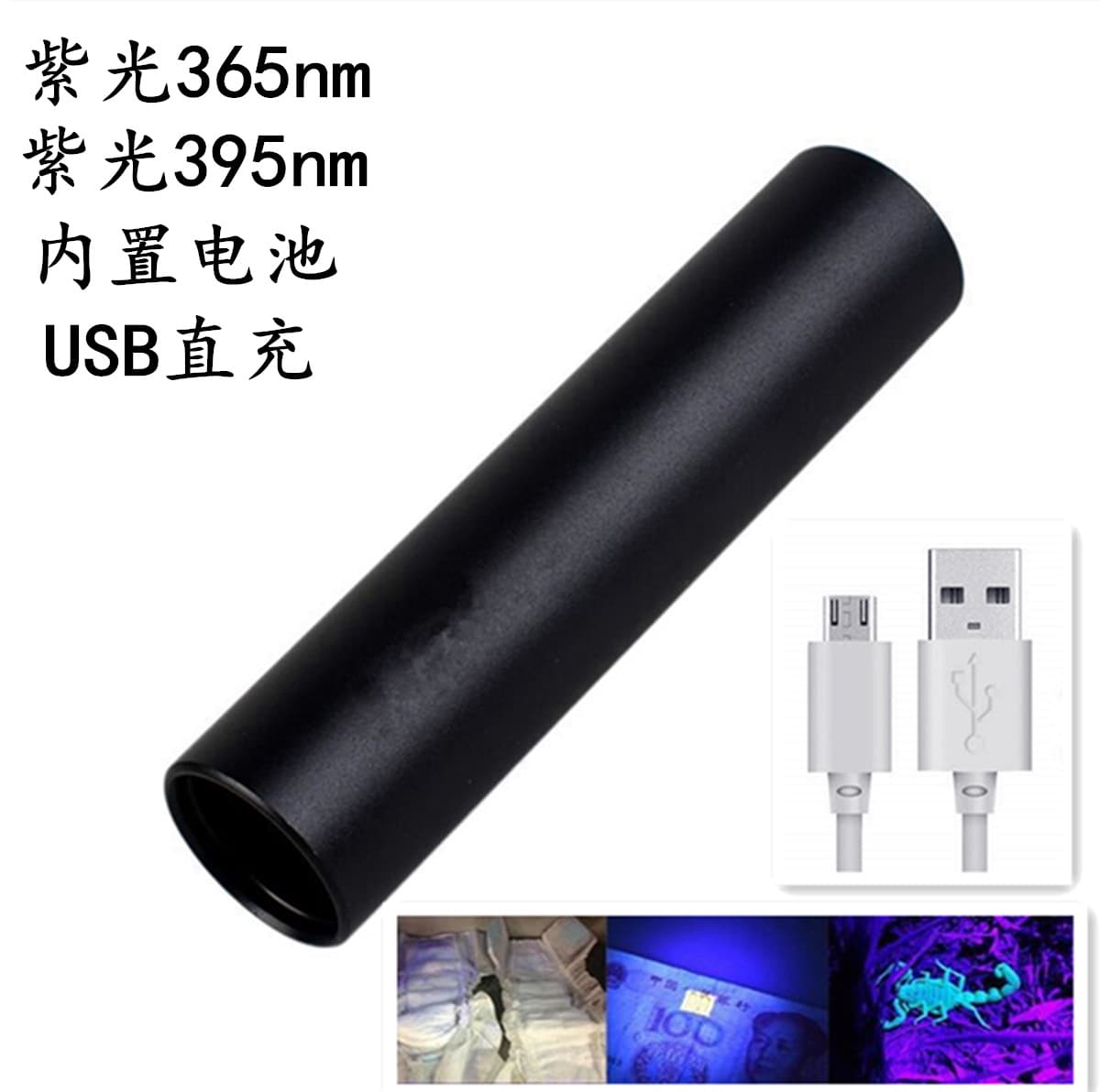 Built-in Battery USB Rechargeable 5W UV Flashlight 395nm Currency Detector 365nm Fluorescent Agent Detection Ultraviolet Lamp
