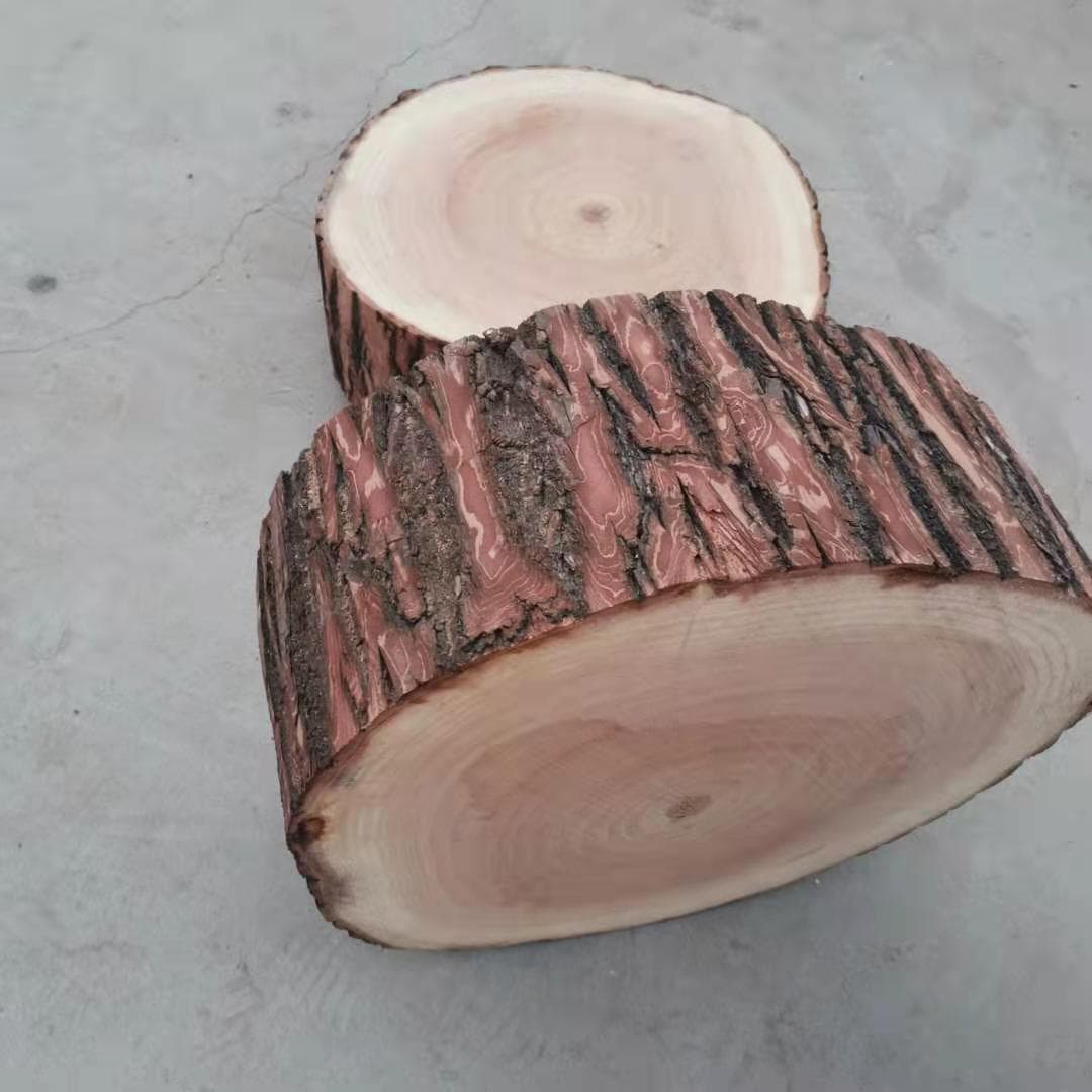 Willow wood whole log cutting block, bark-on with iron hoop, solid wood chopping board