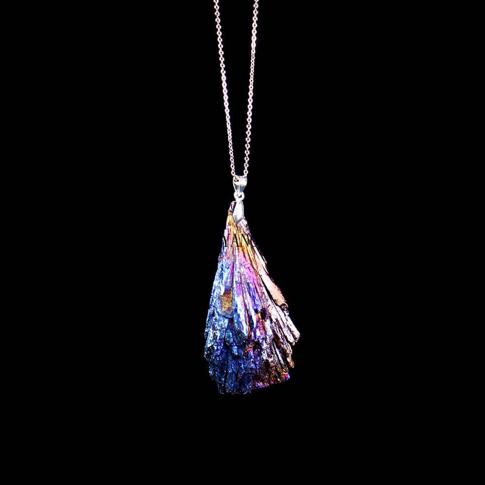 Black Tourmaline Electroplated Blue Peacock Feather Pendant Crystal Cluster Jewelry Natural Stone with Chain