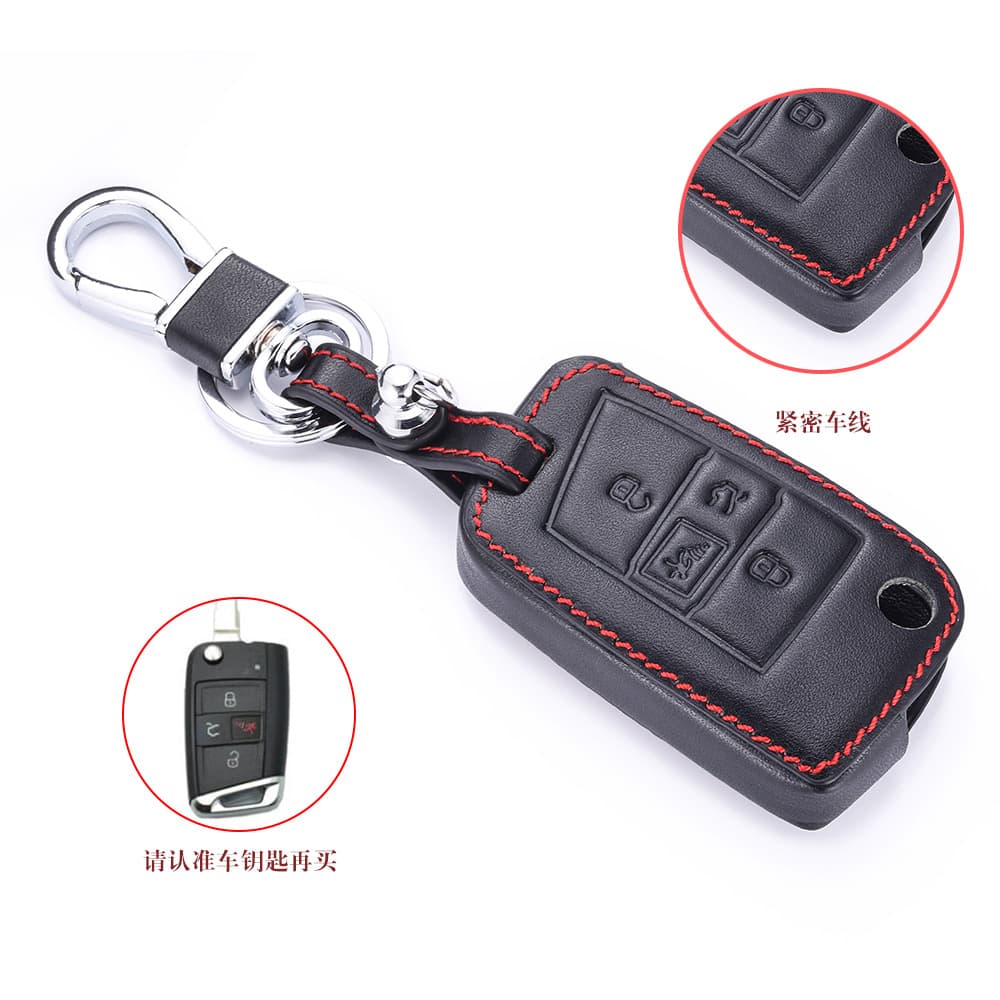 Genuine Leather Key Case for MK7 Golf 7 GTI 2017 2018 4-Button Foldable Remote Key Fob Cover with Chain