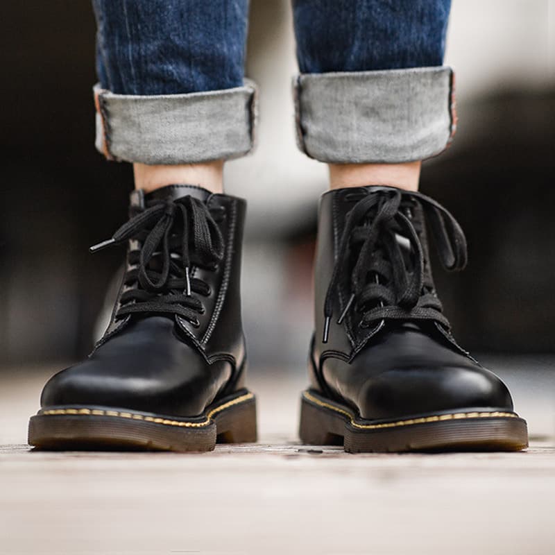 (Fleece-lined) Madden Couple Martin Boots Men's High-top Leather Boots Black British Style Mid-top Workwear Shoes for Men and Women