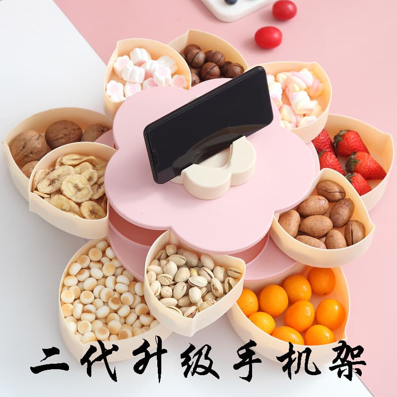 Double-Layer Rotating European Style Candy Box Lotus Flower Shaped Fruit Tray New Year Sweet Snack Plate Fruit Serving Tray