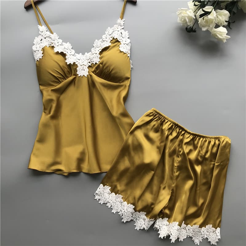 Summer Ice Silk Sleepwear with Padded Bra, Sexy Silk Camisole and Shorts Pajama Set, Women's Japanese-Style Loungewear