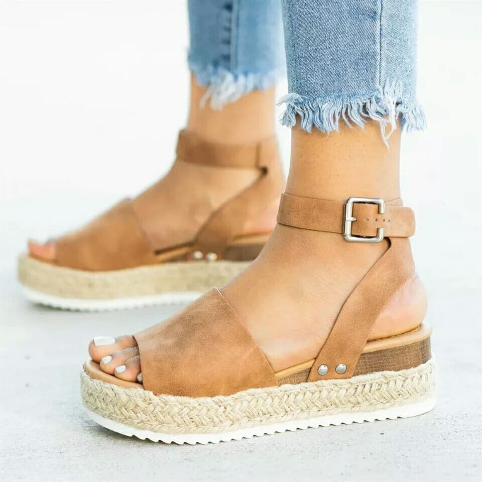 2025 Spring Summer Independent Station Large Size Hemp Rope Soled Platform Sandals European American Women's Buckle Wedge Leopard Print