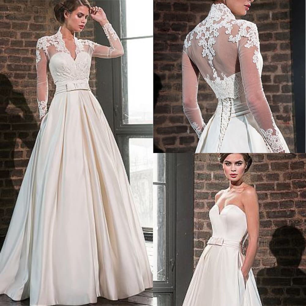 2025 New High-End Wedding Dress for Women Deep V-Neck Long Sleeve Lace Slim Fit Elegant Floor-Length Style