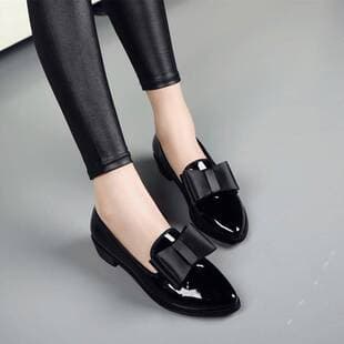 Women's British Style Flat Pointed Toe Bow Low Heel Work Shoes Leather Flats