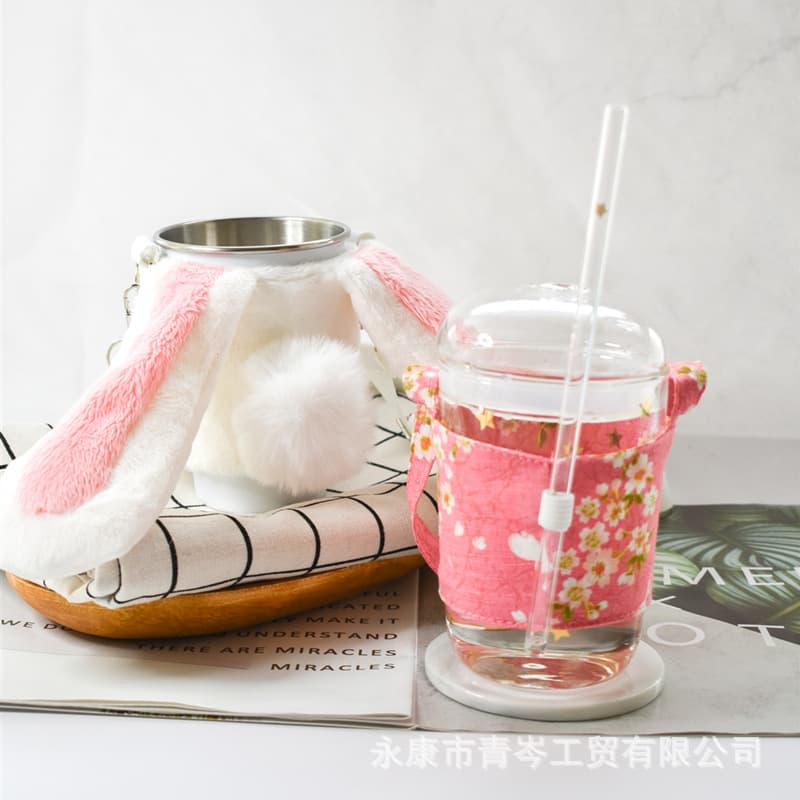 Wholesale Portable Coffee Cup Beverage Canvas Cup Bag Japanese Color Cartoon Cat Chai Dog Milk Tea Cup Set