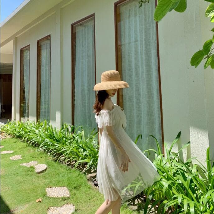 New Thai trendy brand petite sexy off-shoulder V-neck ruffle wedding dress skirt mesh fairy skirt