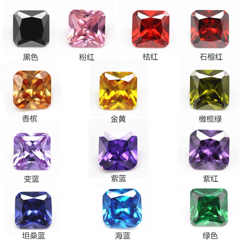 Factory batch 5A square colored zircon gemstones, synthetic pointed-bottom square with beveled edges and colored slate.