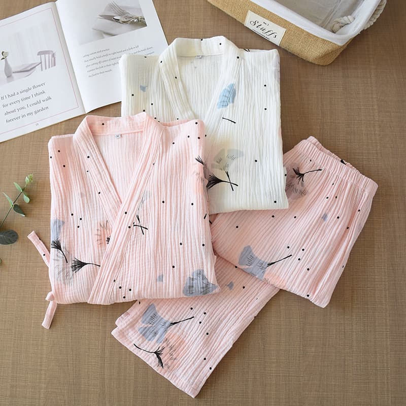 2020 Crepe Gauze Kimono Pajamas Women's Cardigan Japanese Style Japanese Cotton Home Clothes Lace Washed Cotton Double Layer