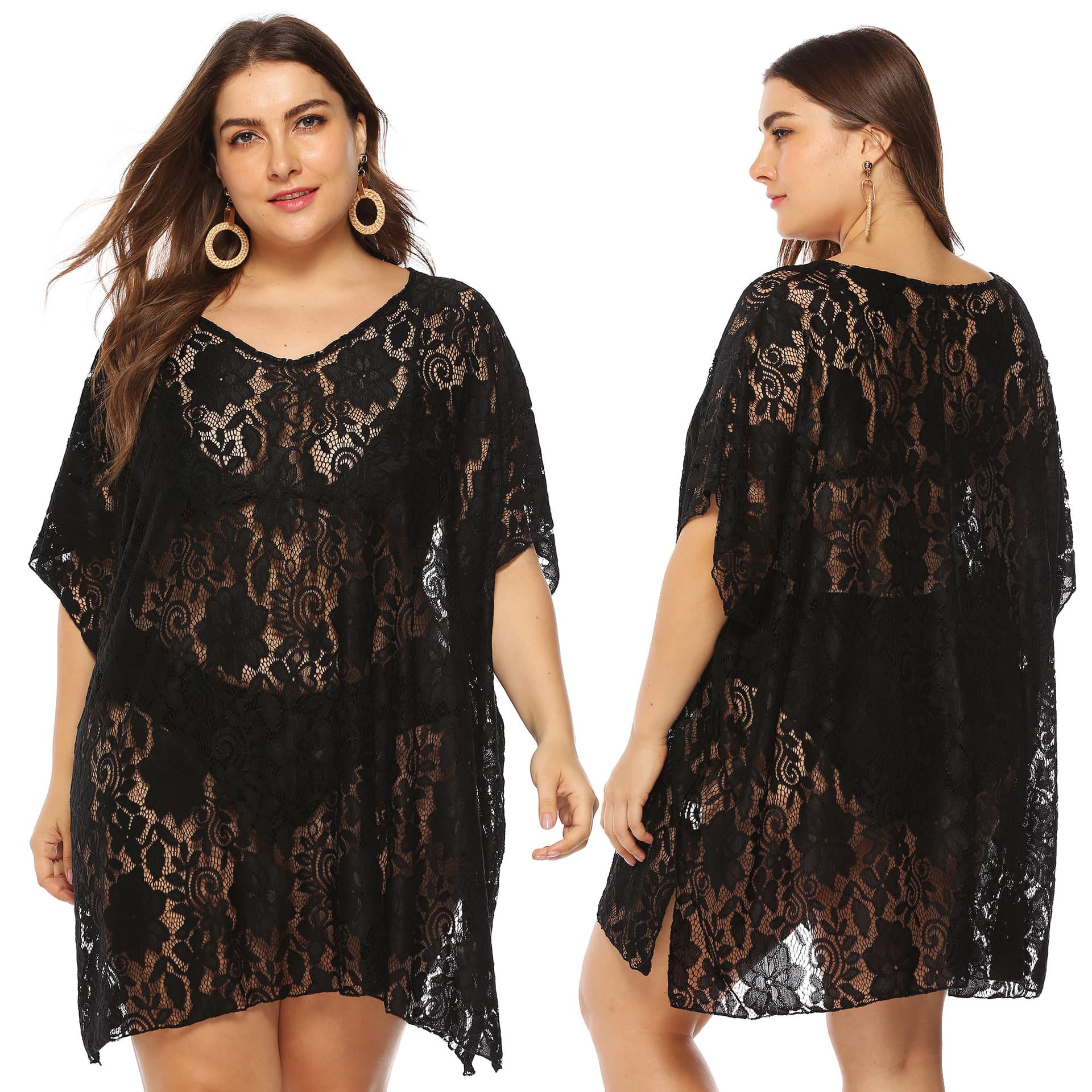 Factory Direct European and American Fashion Plus Size Women's Clothing Sexy Lace Sheer V-Neck Slit Beach Dress Cover-Up