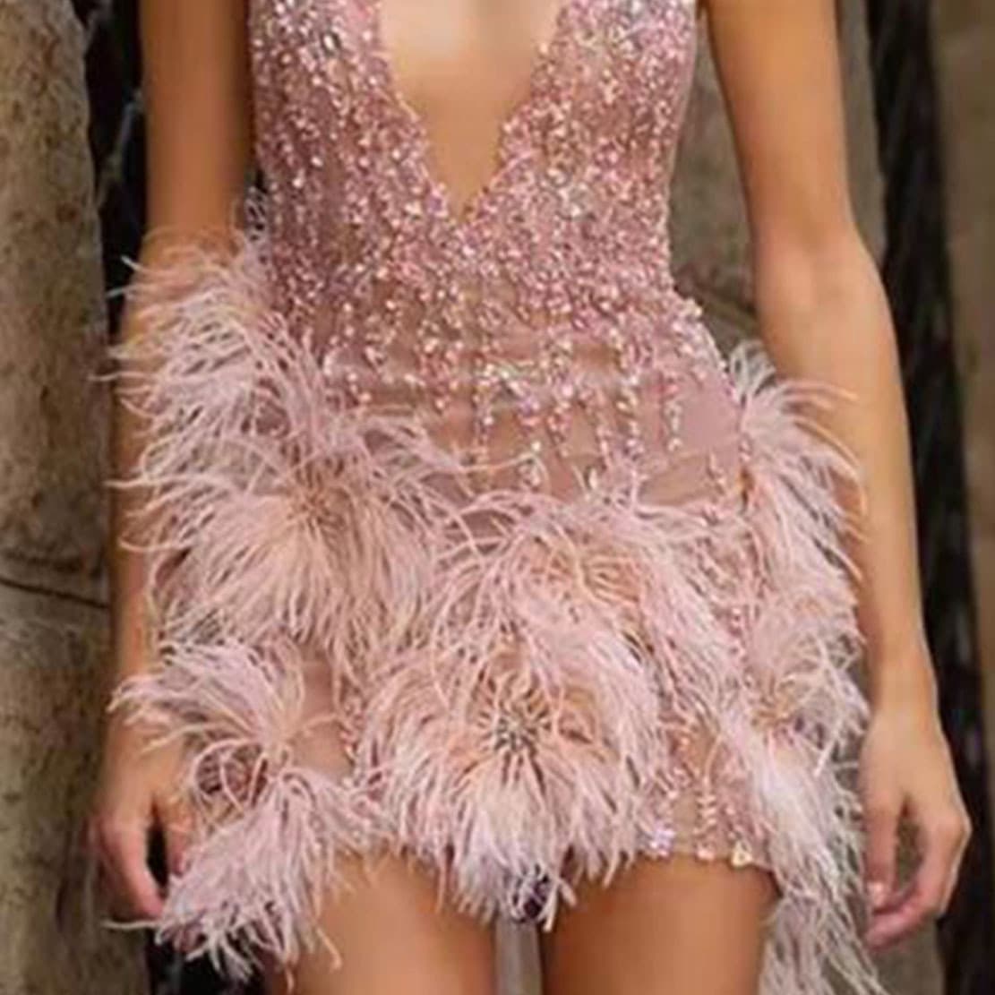 2025 European and American Women's Wish Export Stock Feather Camisole Mini Dress Deep V-Neck Sexy Nightclub Party Dress