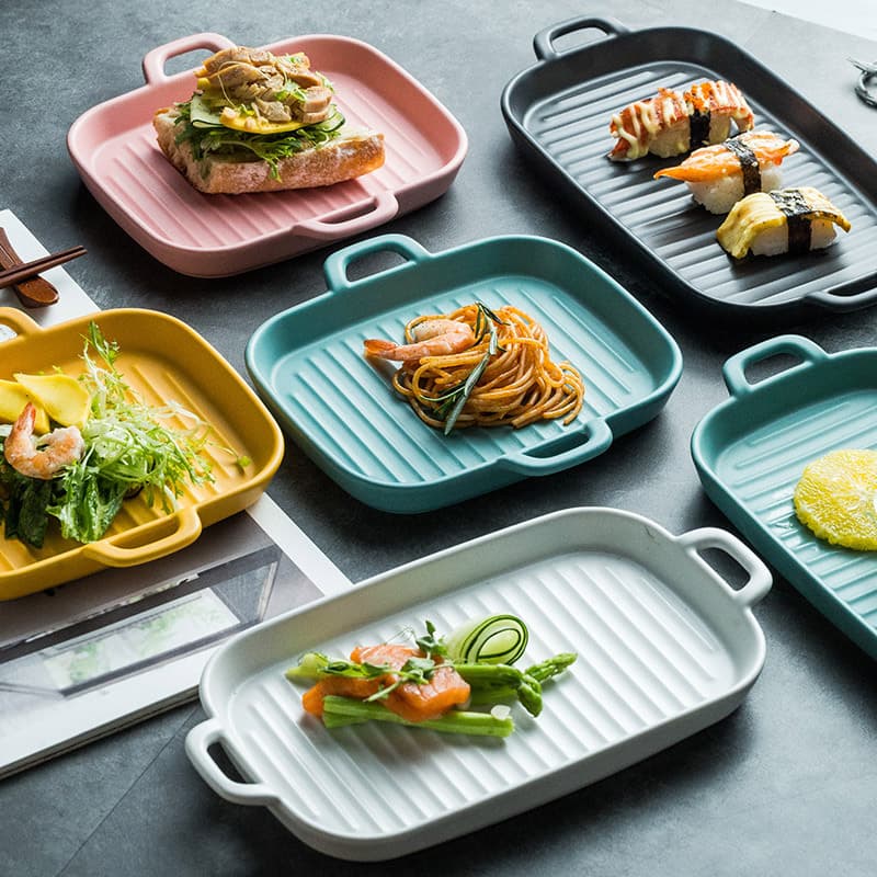 [Manufacturer wholesale] Nordic style double-eared square baking pan, Internet celebrity baked rice plate, ceramic tableware with eared baking plate