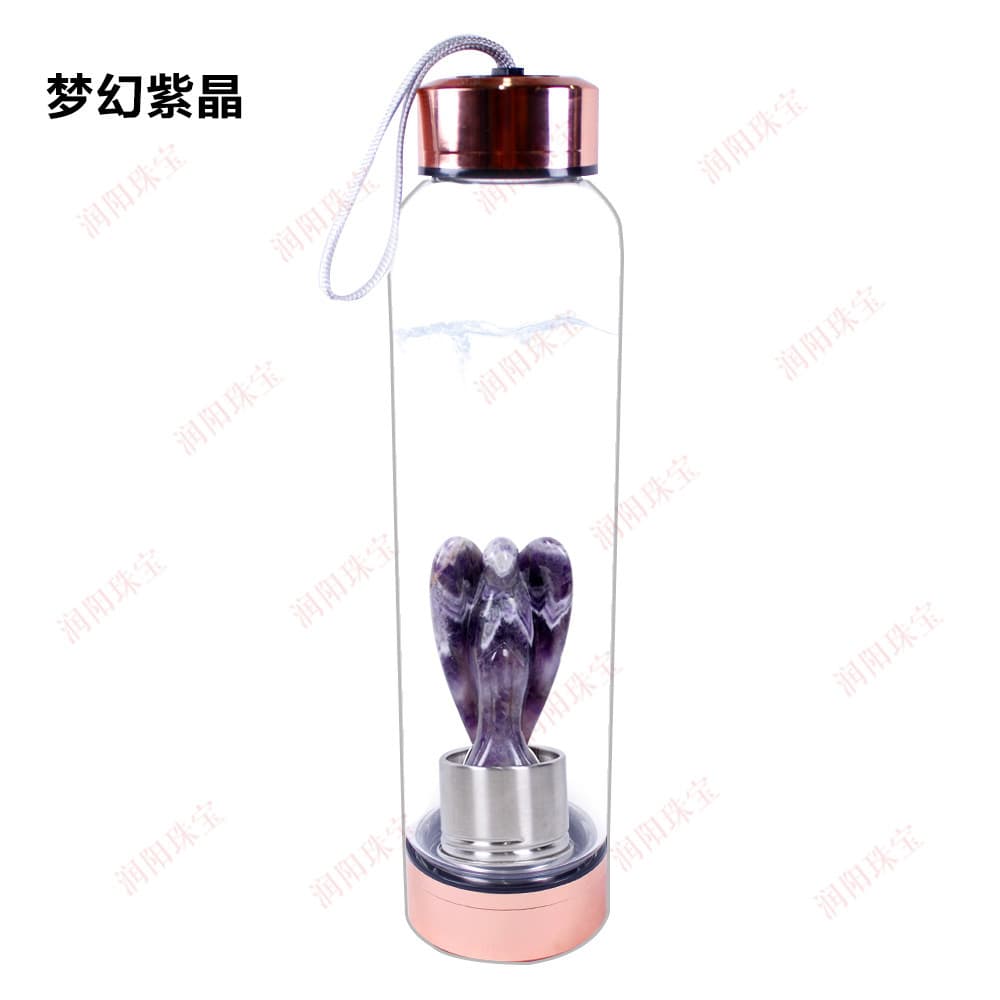 Natural Crystal Stone Carved 3-Inch Angel Craft Rose Gold 304 Energy Water Bottle Cup Amethyst