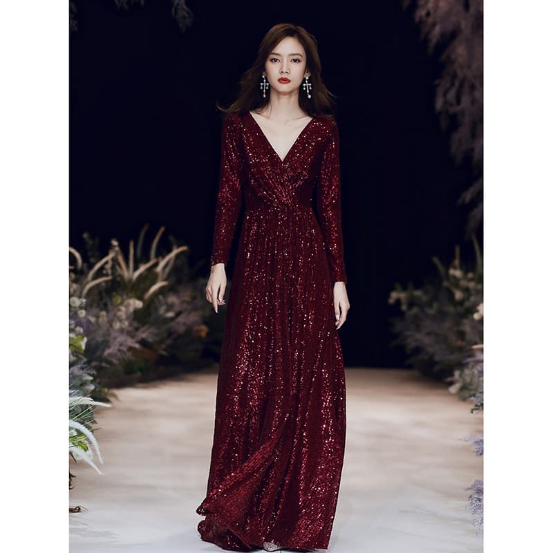 2026 New Banquet Evening Gown for Women, Burgundy Elegant Hostess Dress, Long Performance Dress for Annual Gala