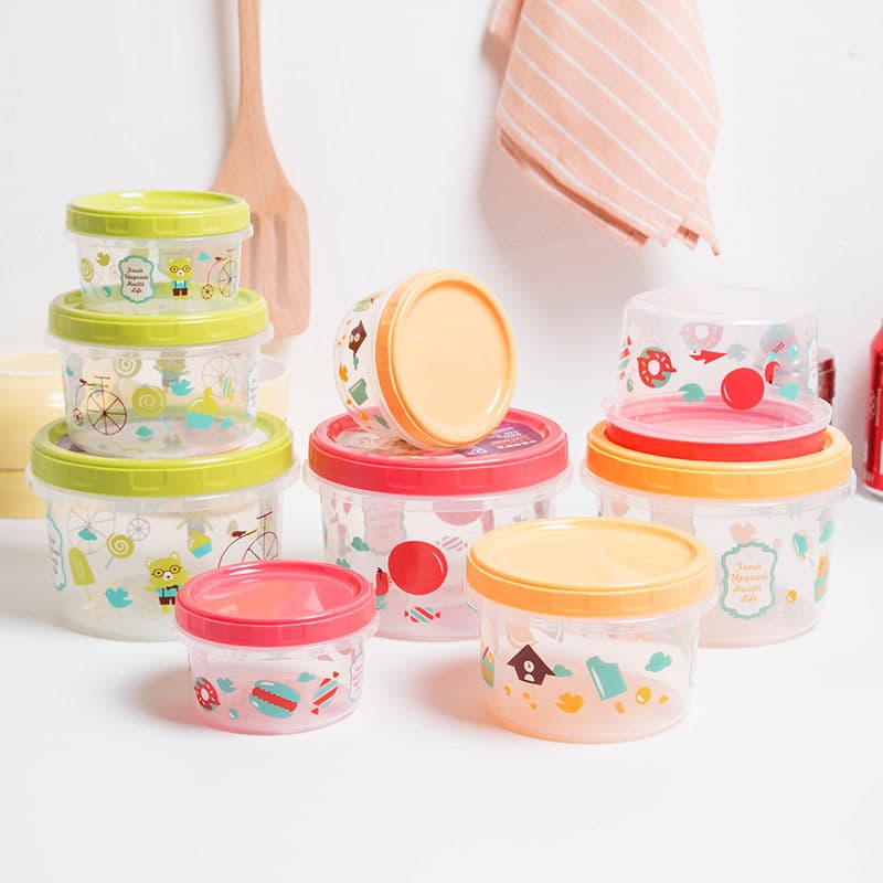 Round Fruit Fresh-Keeping Box Plastic Storage Container Kids Cartoon Lunch Box Bento Box Storage Jar Fridge Organizer