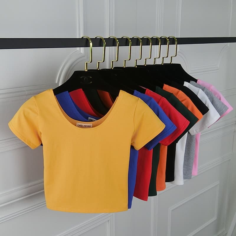 Korean Style Slim Fitted Crop Top Short Sleeve T-Shirt for Women High Waist Short Top Belly Button Revealing Short Bodycon Tee