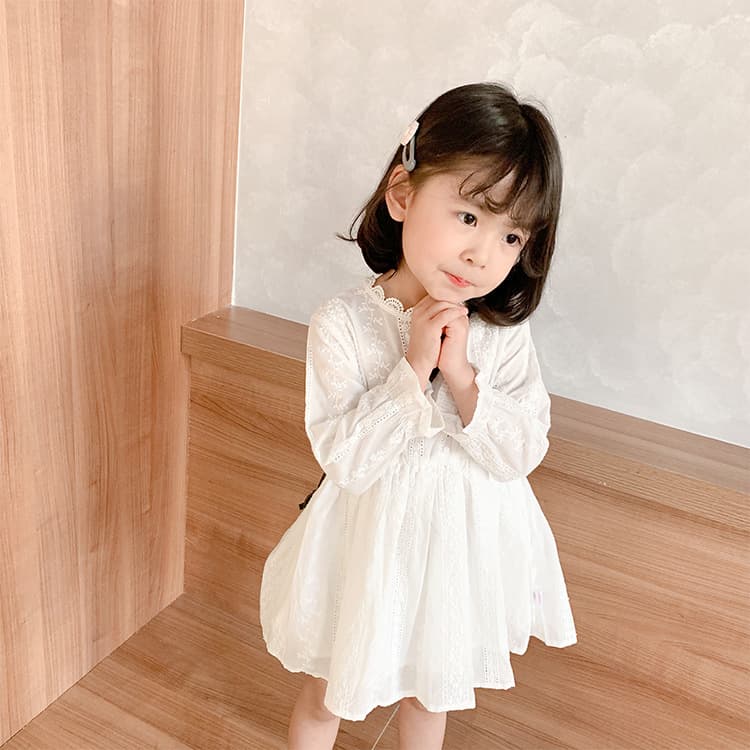 ins spring and autumn girls white lace dress children's long-sleeved princess dress foreign style girl palace style A-line skirt cotton